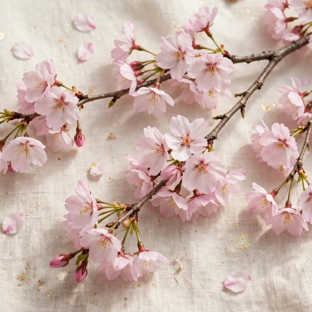 Pink cherry blossom flowers on branches, Amaria Essence