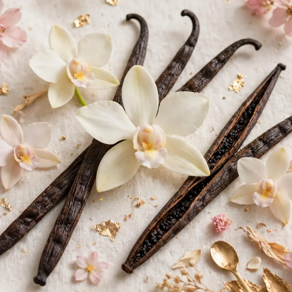 Vanilla pods and orchid flowers, Amaria Essence.