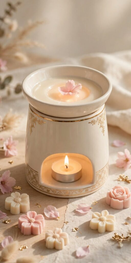 Ceramic wax burner with melted wax melts on top dish and lit tea light candle below, Amaria Essence